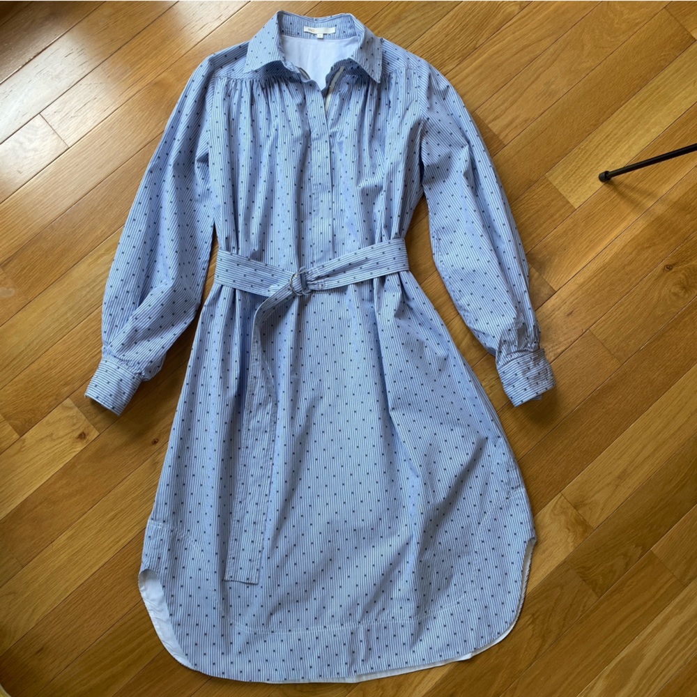 Maje E18RELINO BLEU Blue White Striped Embroidered Belted Dress Size 1 or Small - Picture 2 of 8